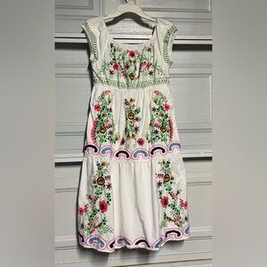 Anthropologie Embroidered White Dress with Floral Design